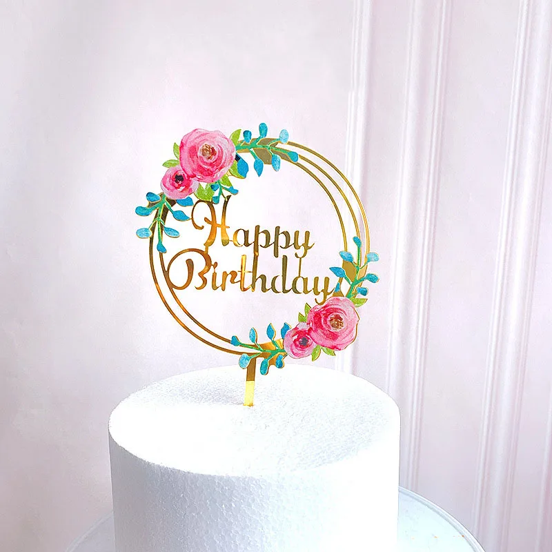 

New Colored flowers Happy Birthday Cake Topper Golden Acrylic Birthday Party Dessert Decoration for Baby Shower Baking Supplies