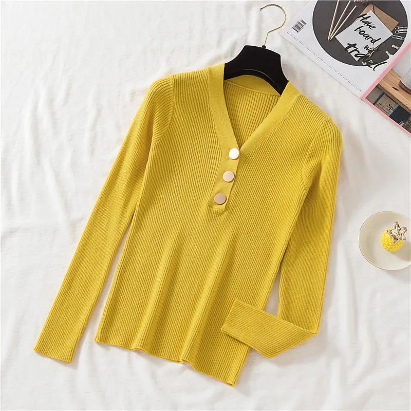 Gagarich Slim Sweater Autumn Winter 2020 New Korean Button V-neck Solid Knit Female Top Long Sleeve Versatile Pullover Bottoming | Женская