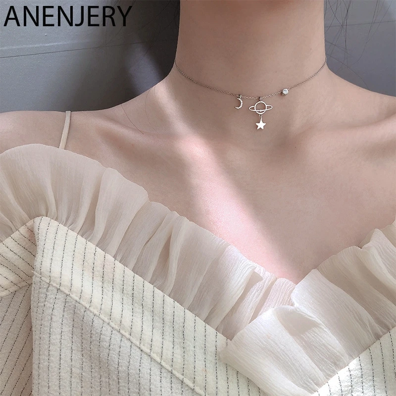 ANENJERY Двухслойное u образное тайское серебряное ожерелье 925 пробы короткая