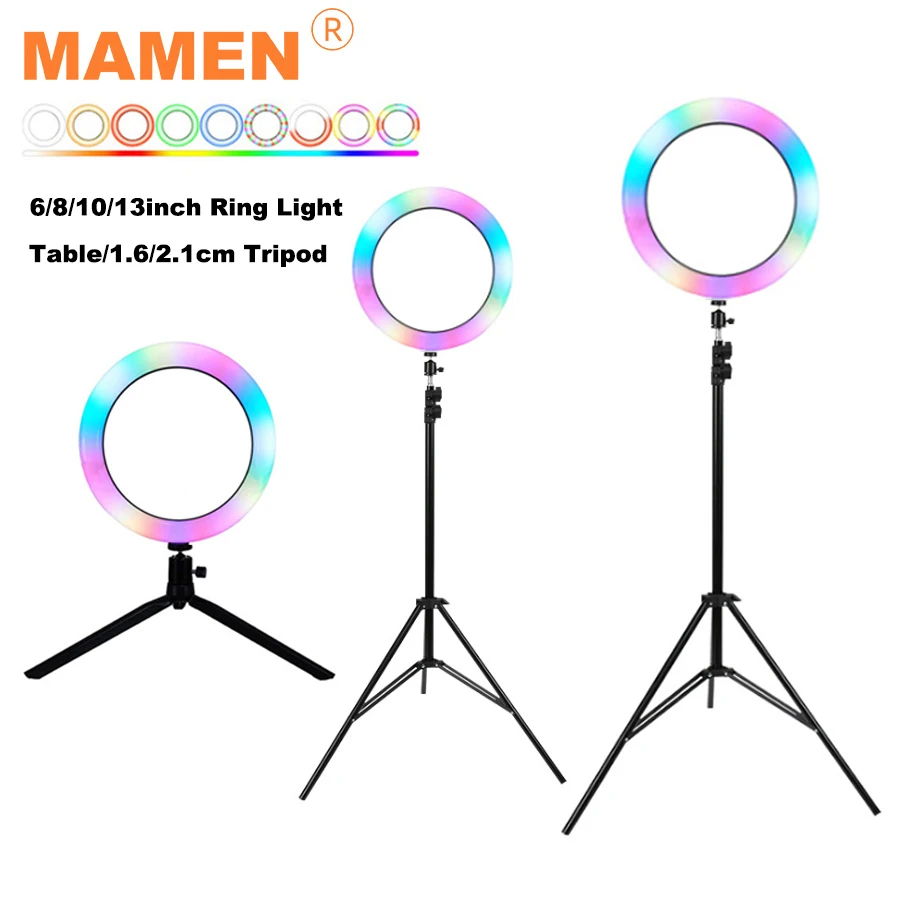 MAMEN 6/8/10/13 дюйма RGB светодиодный кольцевой светильник для селфи 12 уровней