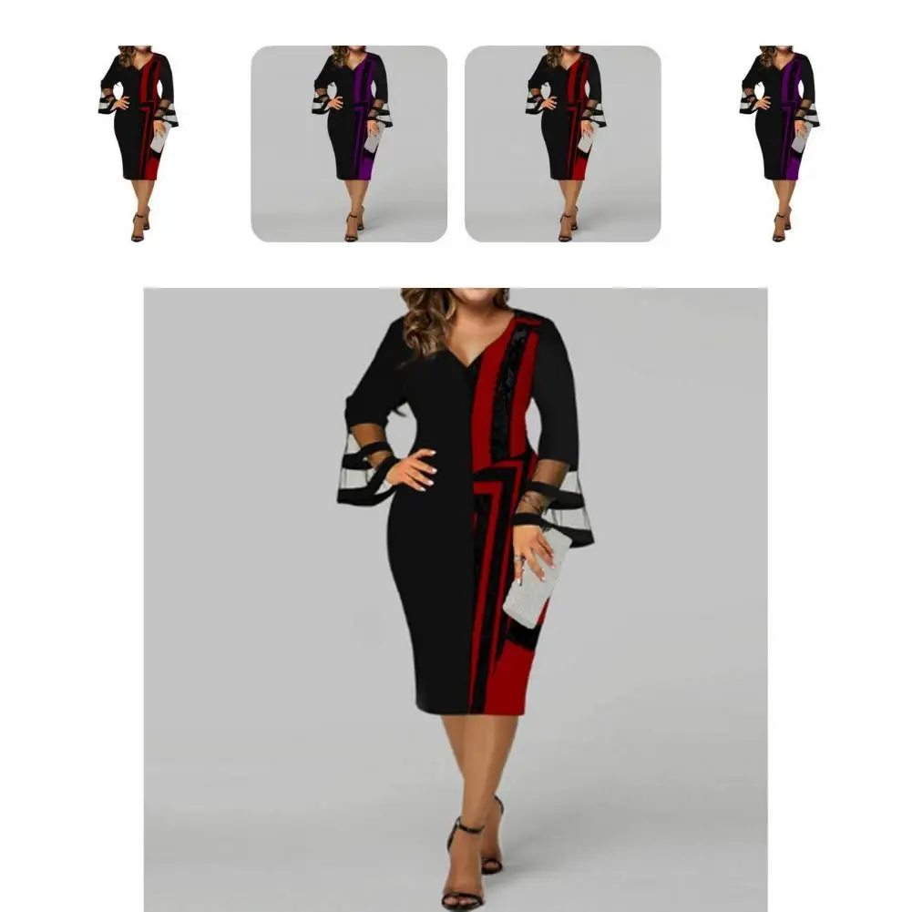 

Popular Women Dress Digital Print Autumn Winter Formal Dress Slim Hip Warp Dress