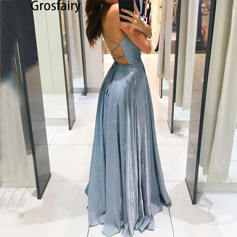 

Summer Sexy V-neck Suspender Backless Cross Lace-up Hollow Womens Dress Satin Ball Gown Shiny Long Skirt Sling Dress