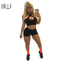 halter tight fitting hollow out sports and skinny shorts leisure suit women jump suits cycling outfits tracksuit two piece set