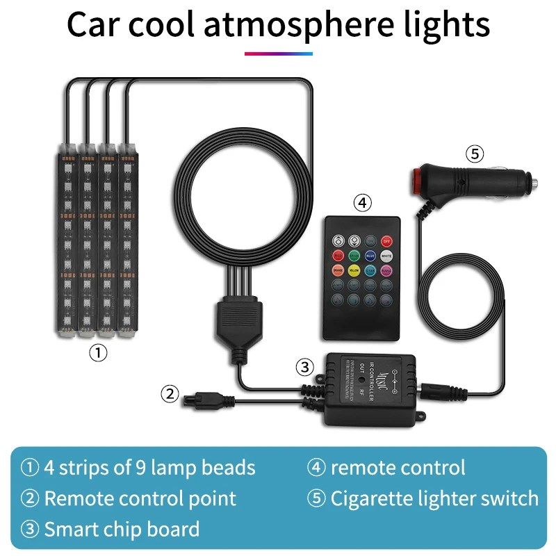 

4pcs 9LED Car Interior Neon Light LED Multi Color Decor Lamp Wireless Remote Controlcar cigarette lighter ports ambient lamp