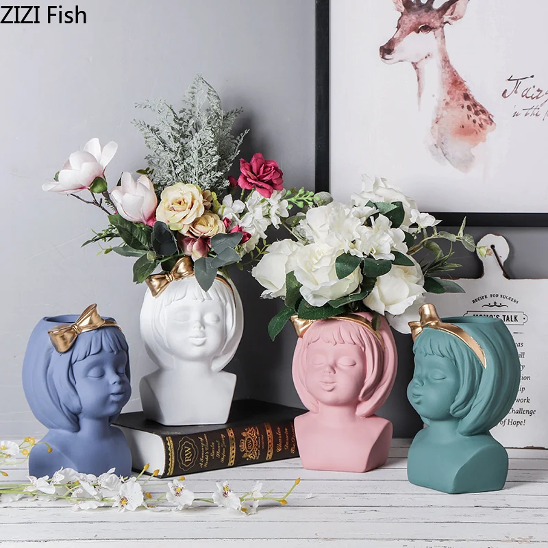 

Nordic Ins Art Portrait Sculpture Ceramic Cute Girl Flower Pot Vase Flower Dry Flower Crafts Home Decoration Accessories Modern