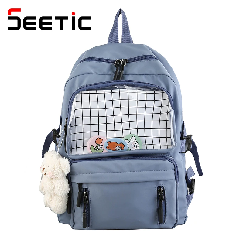 

SEETIC Nylon School Bag Female Waterproof Women Backpack Solid Color Multi-Pocket Backpack Women High Capacity Women's Backpack
