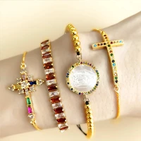 fashion cross bracelet rainbow zircon round shell virgin mary beads chain geometric long cz charm bangle for women jewelry gift