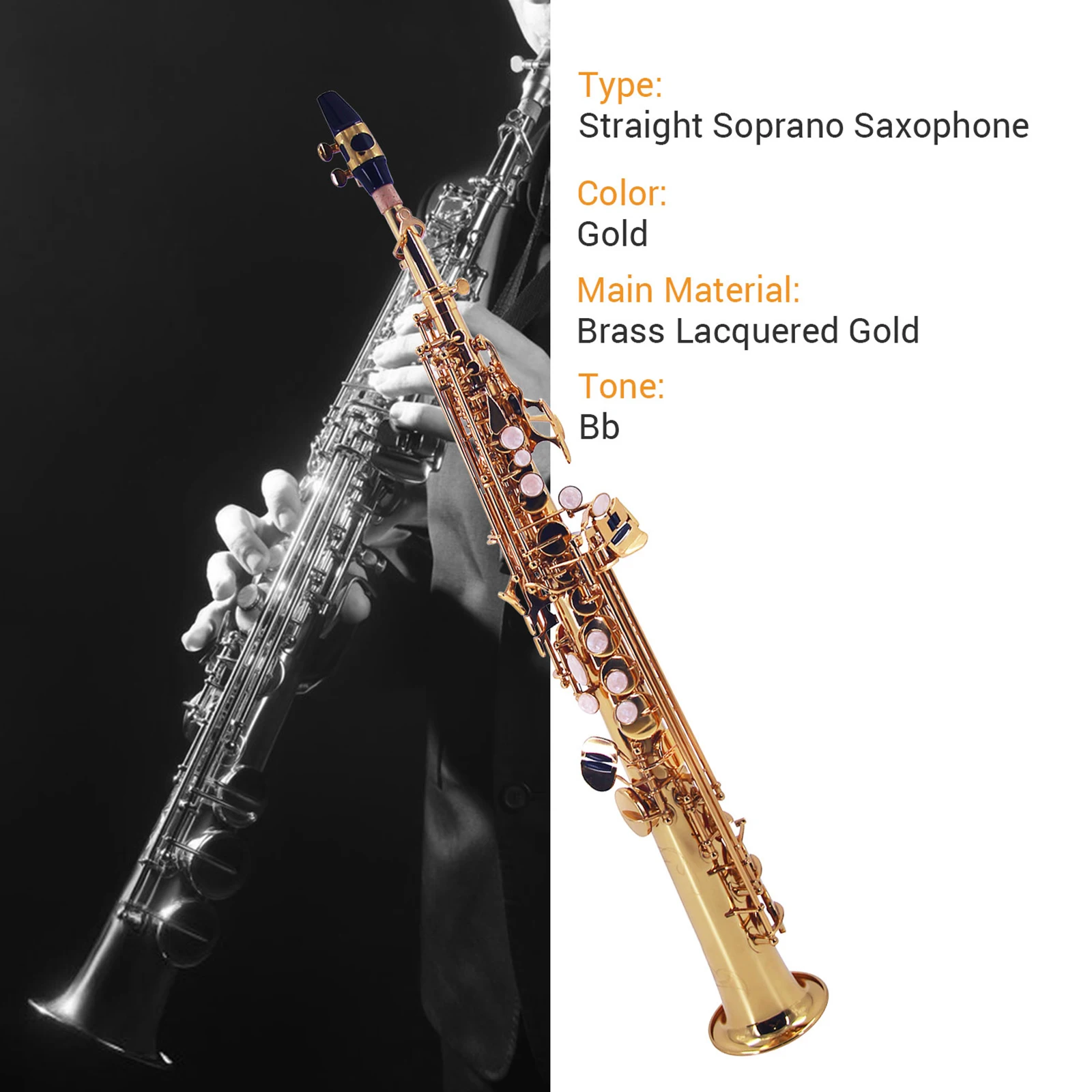 

Muslady Straight Bb Soprano Saxophone Brass Lacquered Gold Woodwind Instrument with Carrying Case Reed Cleaning Brush Cloth