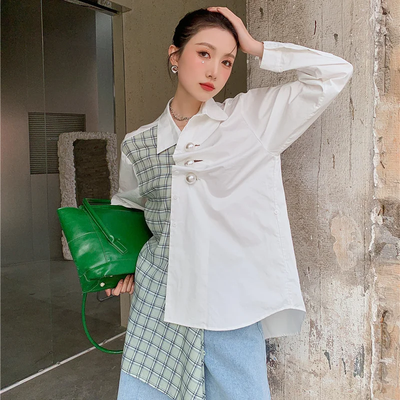 

Korejepo Women Blouse 2021 Spring Summer Vintage Green Plaid Stitching White Shirt Turn-down Collar Long Sleeve Female Thin Tops