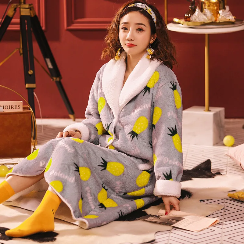 

Harajpee Women Pajamas 2021 Winter Japanese Sweet Temperament Thickened Warm Rabbit Fur Composite Pineapple Strawberry Nightgown