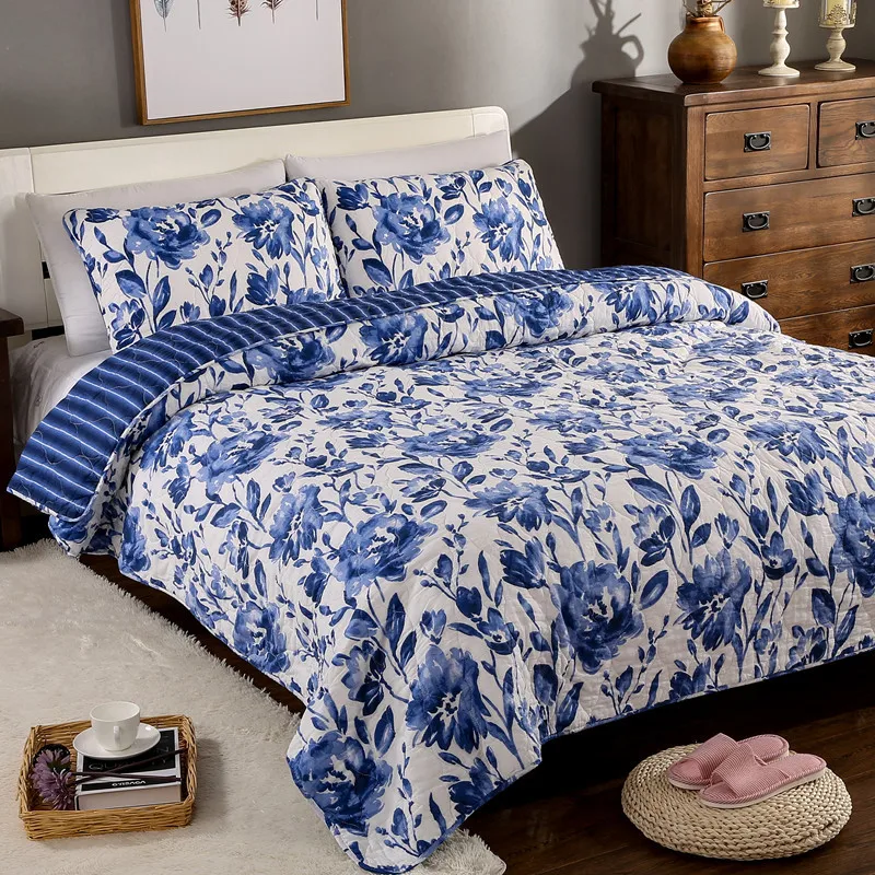 

Quality Blue and white Quilt Set 3PCS bedding Wash cotton Quilt Bed Cover Aircondition Bedspread Pillowcase King Size Coverlet