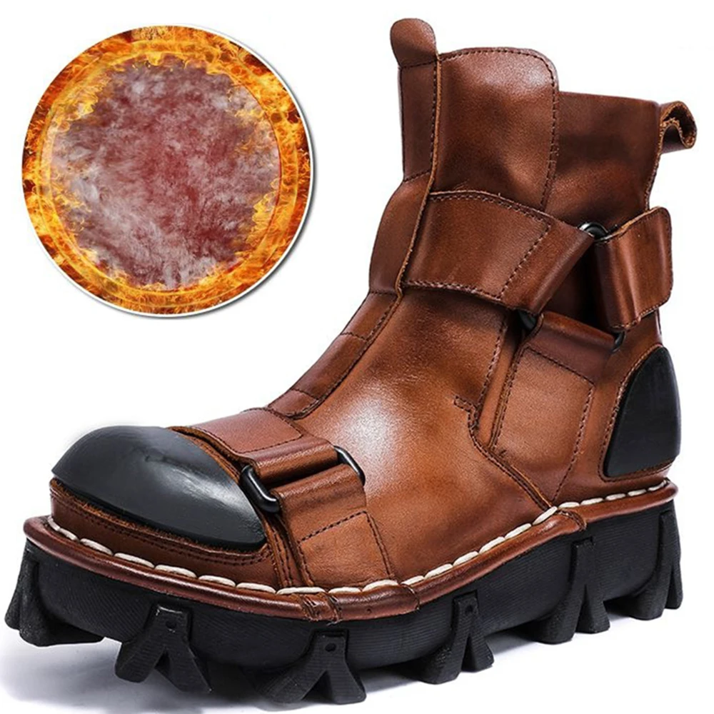 

Genuine Cow Leather Motorcycle Boots For Men 2021 Winter Cashmere Military Combat Boot Male Gothic Skull Punk Booties Size 37-50