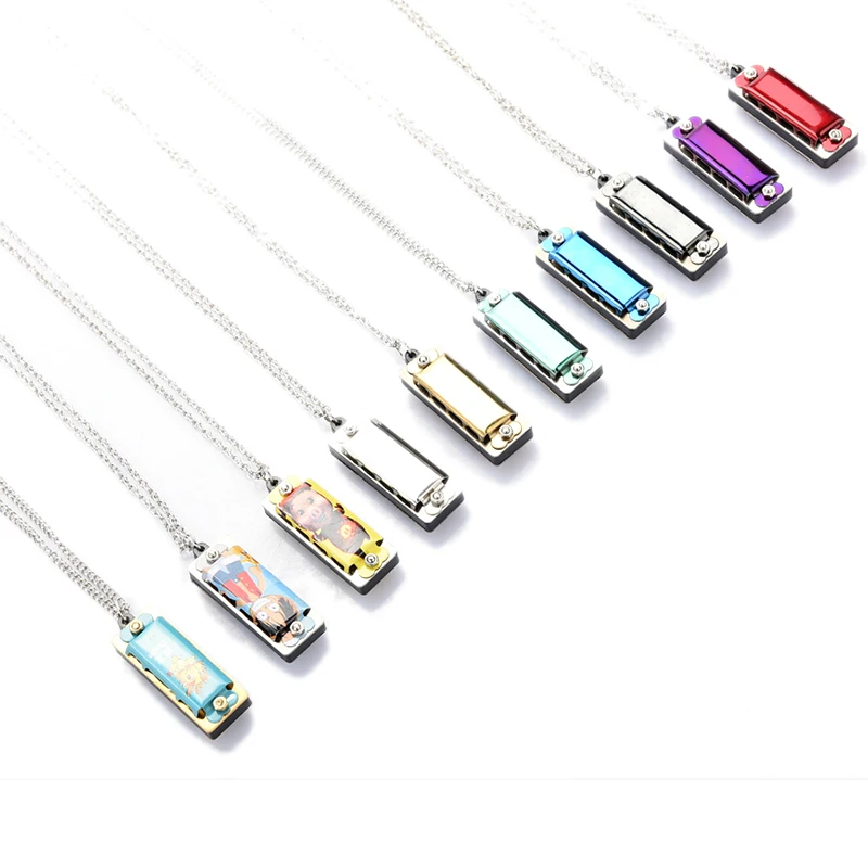 

Mini 4 Hole 8 Tone Harmonica Metal Necklace Design Chain Toy Gift Color Random