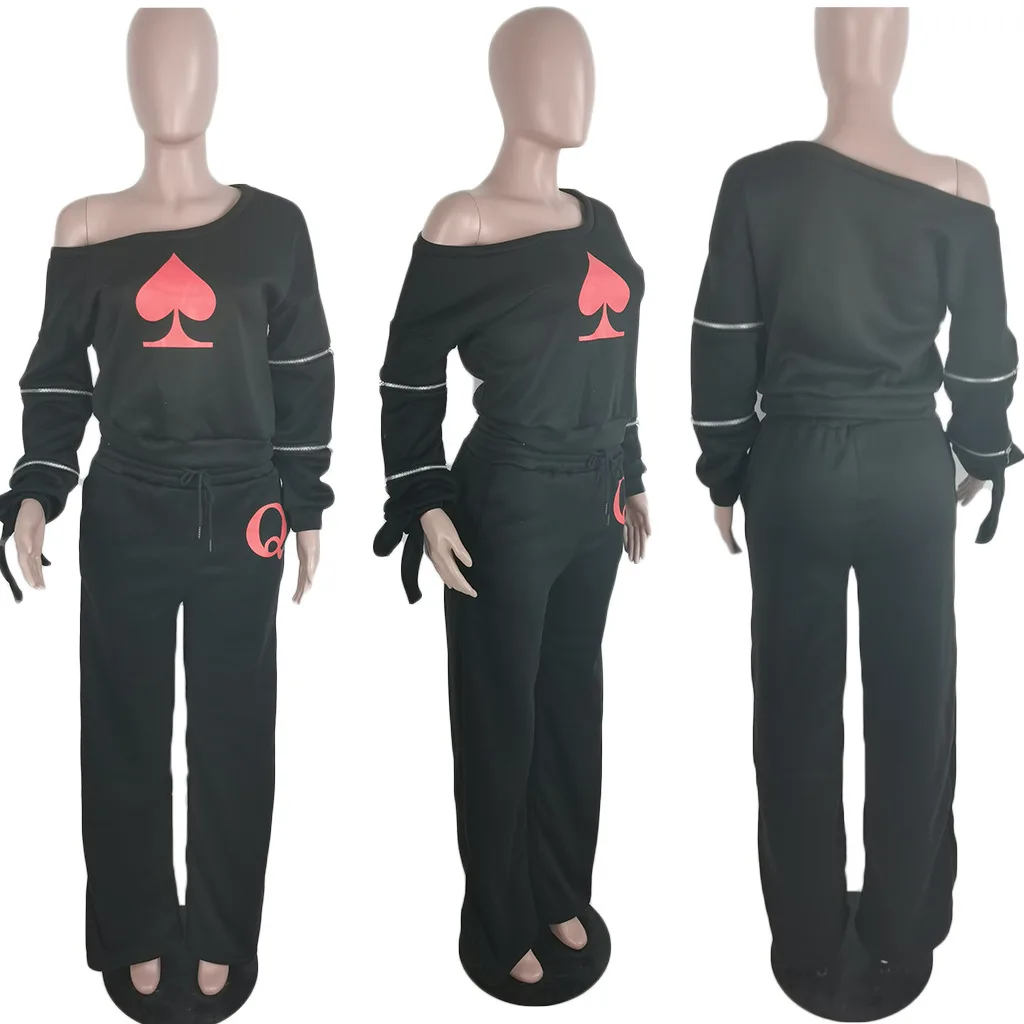 

Poker Cards Print Casual Two Piece Outfits Fall Clothes for Women One Shoulder Zipper Long Sleeve Top + Wide Leg Pant Tracksuit