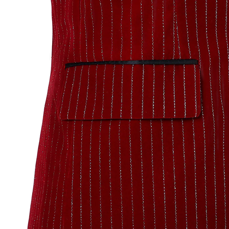 Plyesxale Burgundy Black Royal Blue Striped Suits For Men Slim Fit Mens Velvet Suit 2 Pieces Singer Stage Wedding Costume Q605 | Мужская