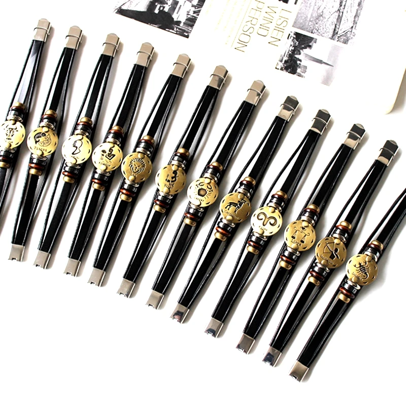 Мужской браслет в стиле панк из натуральной кожи с 12 созвездиями|Браслеты