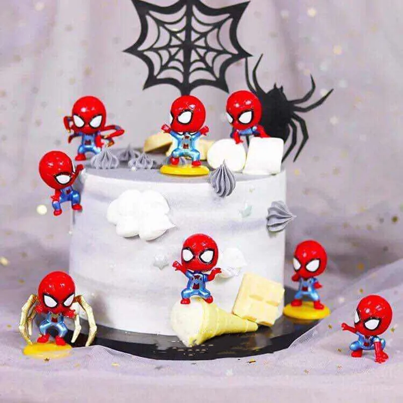 

8pcs/lot Infinity War Spiderman Cake Topper Decoration Action Figure Iron Spider-man With Silk Web Cake Ornaments Party Decor