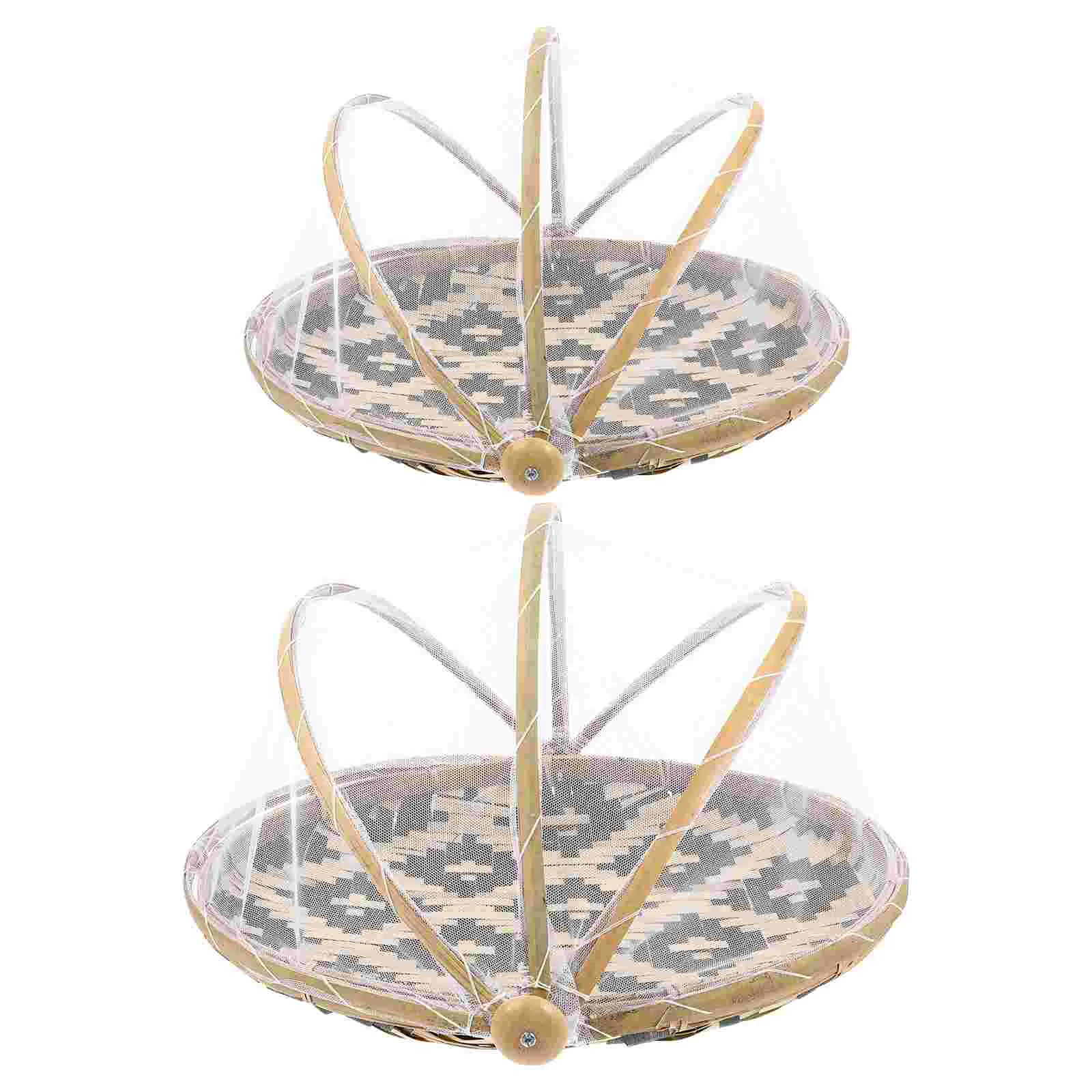 

2Pcs Food Tent Baskets Bamboo Basket with Gauze Cover Steamed Bun Holder