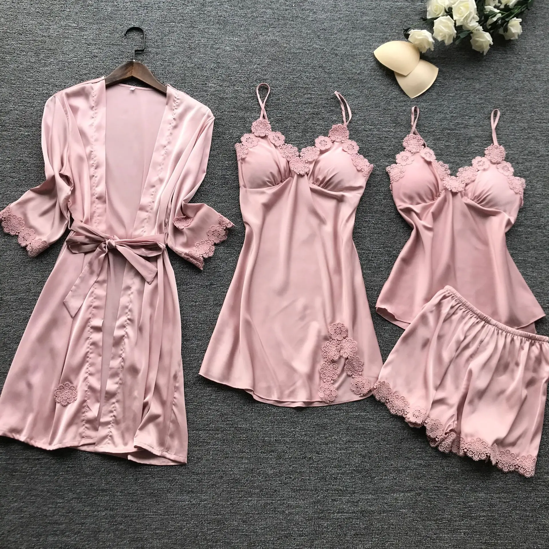 

2021 Women Pajamas Set Satin Pyjama Lace Pijama Mujer Sexy Lingerie Elegant Nightwear Silk 4 Pieces Flower Print Sleepwear
