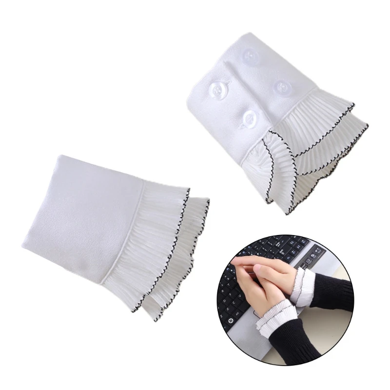 

Winter Women Decorative Fake Sleeves Double Layer Pleated White Horn Cuffs Black Sweater Ruffles Wrist Warmers
