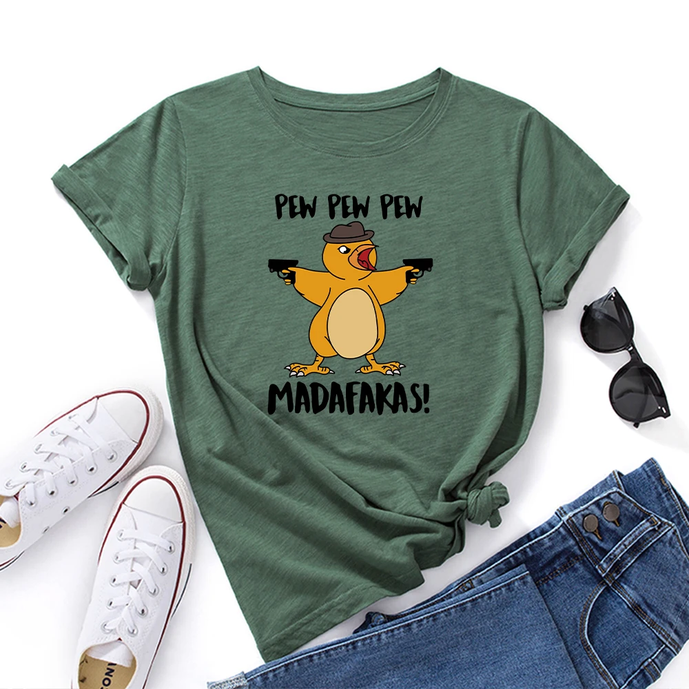 

Funny Animal Duck Printed Pew Pew Madafakas Tee Women T-Shirts Cotton Short Sleeve Graphic Tees Female Shirt Summer Tops