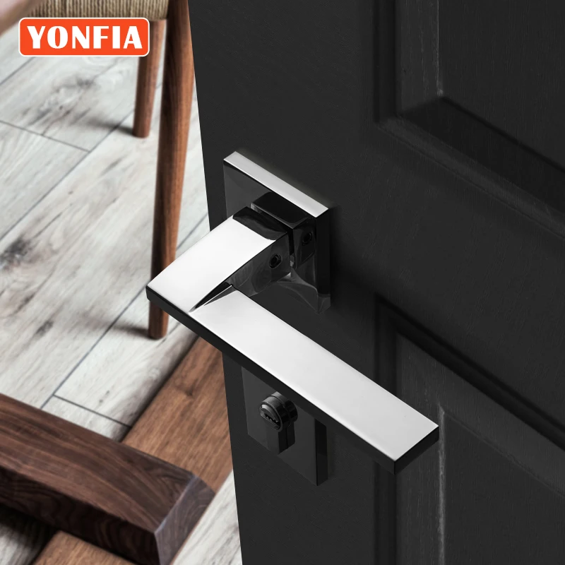 

YONFIA 8039 Simple Modern Design Square Chome Plated Home Door Handle Lock Interior Lever Door Lock Set On Rosett For Wood Door