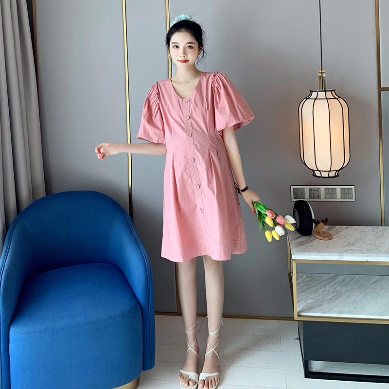 

Pink Black 2020 Summe maternity dress Cotton V-neck Puff Sleeve Mid-length Plus Size Pregnant Women Loose Dress Sweet
