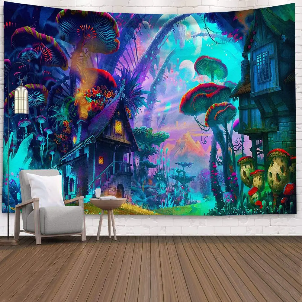 Tapiz colgante de pared de Castillo de setas fluorescentes, arte de la naturaleza, cielo estrellado, Galaxia, alfombra psicodélica, tapices mágicos de árbol de bosque
