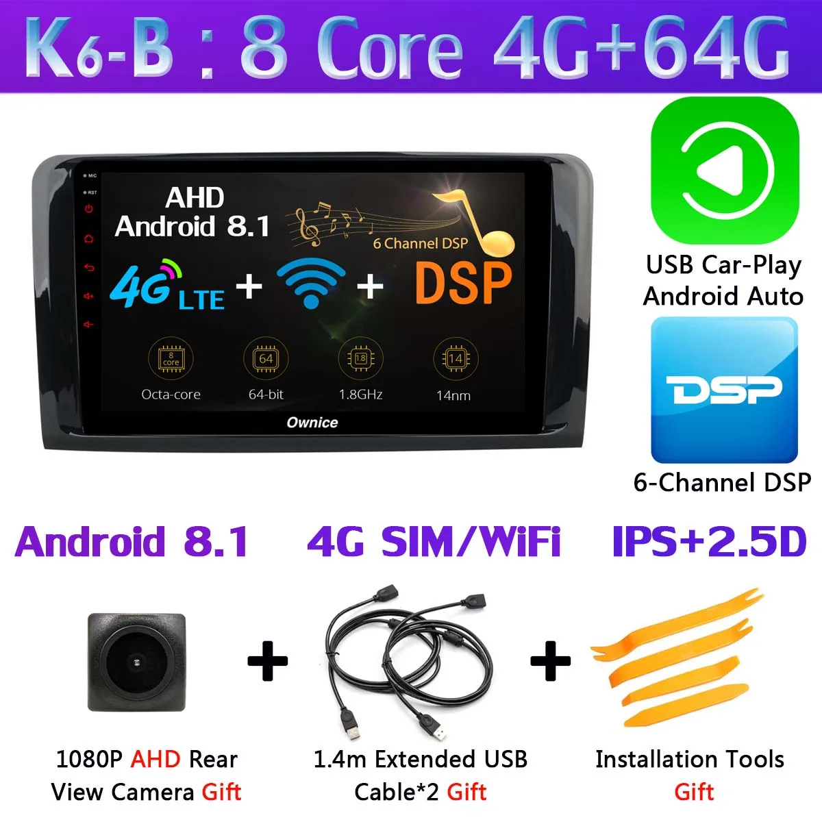 K6-B-CarPlay 1Din 360 ° камера Android 9,0 4 Гб+ 64 Гб SPDIF DSP CarPlay автомобильный мультимедийный плеер для Mercedes Benz ML GL W164 X164 SPDIF gps радио - Цвет: K6-B-CarPlay