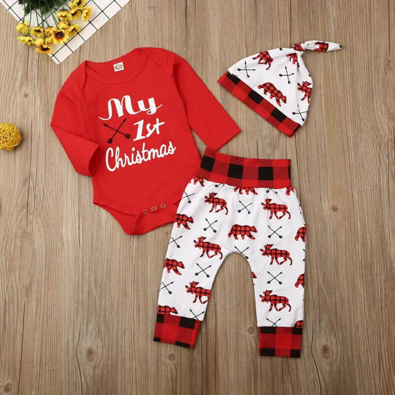 

2019 Newborn Baby Boy Girl Christmas Clothes Long Sleeve Romper Printed Trousers Hat 3Pcs Outfits Set