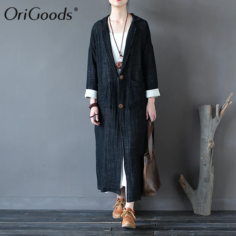 Женский Длинный Хлопковый тренч OriGoods Черное длинное пальто с v-образным вырезом