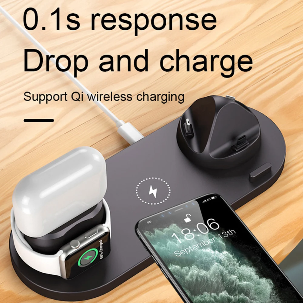6 in 1 wireless fast charger dock for watch quick charger station usb c for iphone 11 xs xr x max 8 plus samsung huawei free global shipping