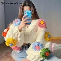 autumn winter women cute 3d flower cardigan coat vintage loose lazy style v neck thick warm chunky knit cardigan sweater top