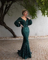 green elegant mermaid evening dresses 2021 sequin robe de soiree women formal party night prom gowns long sleeves evening gowns