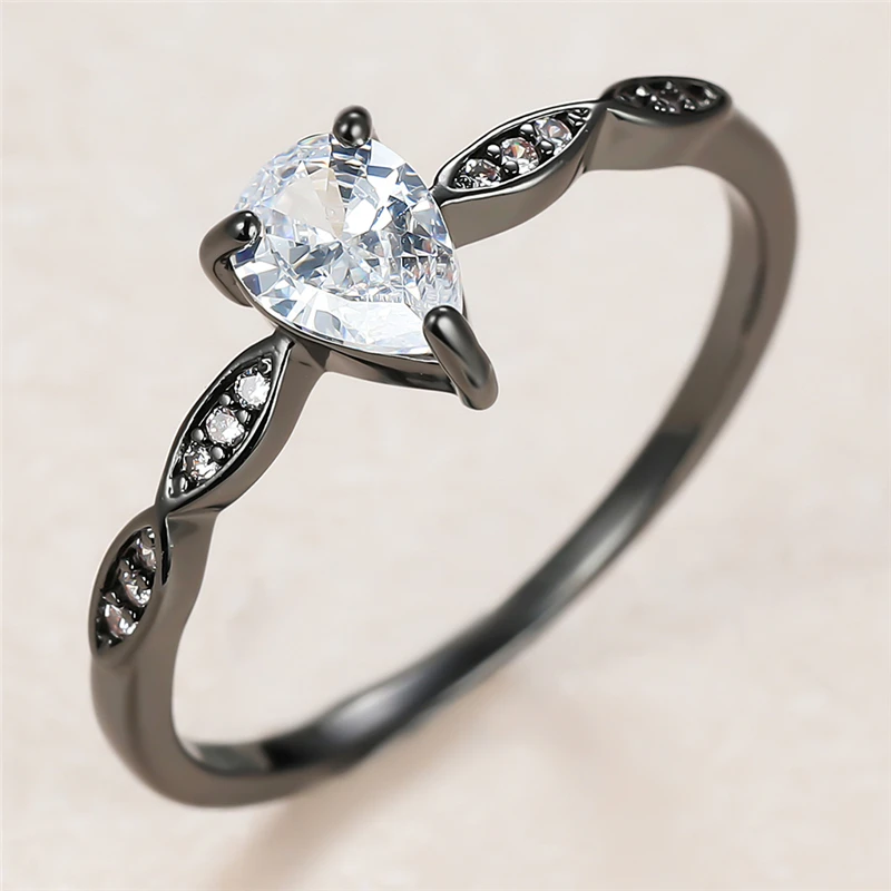 

Cute Female White Crystal Stone Ring Charm 14KT Black Gold Wedding Rings For Women Small Water Drop Zircon Engagement Ring