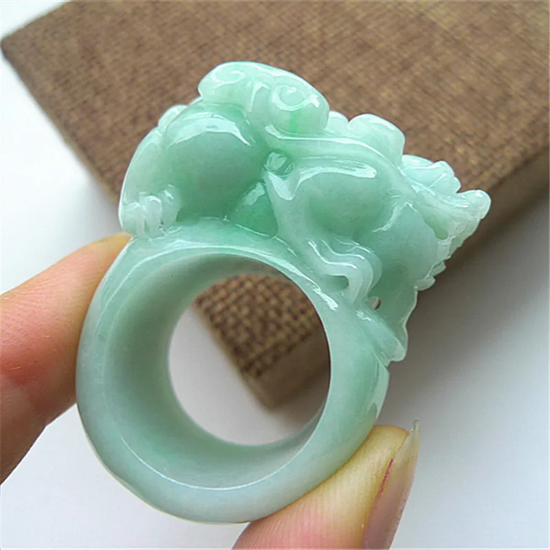 

Natural Myanmar Jadeite Lucky Pixiu Fengshui Ring Men Women Burma Emerald Jewelry Hand-carved Wealth Brave Troops Jade Band Ring