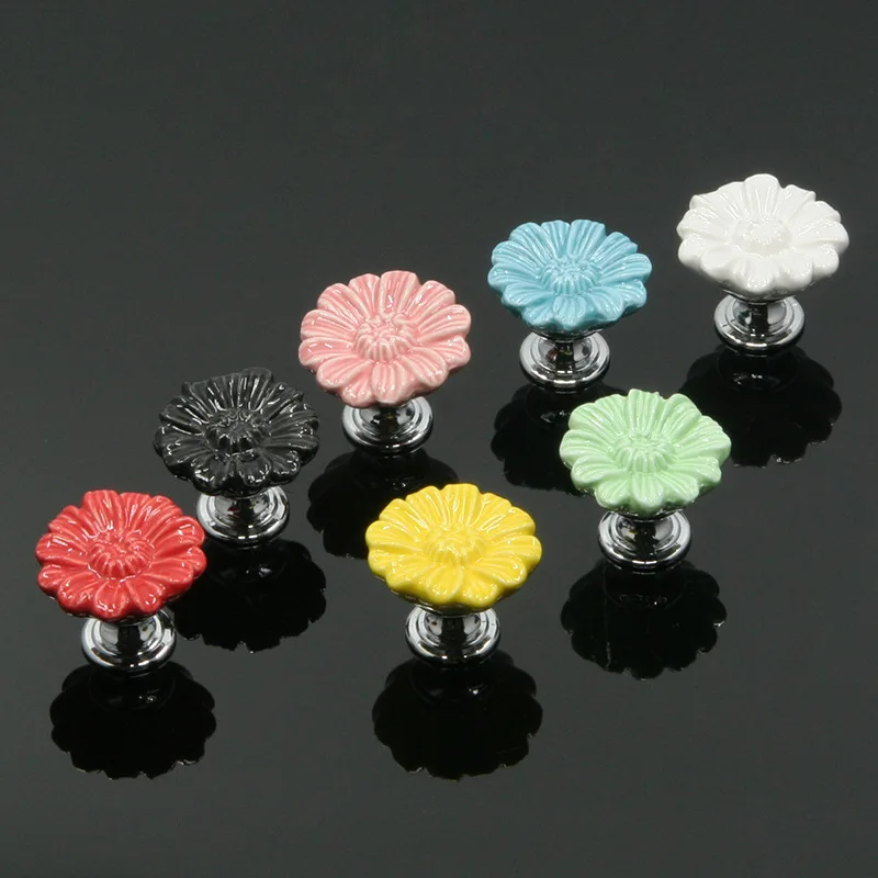 

7PCS Ceramic Handle Modern Simplicity Chrysanthemum Cabinet Drawer Knobs Furniture Door Color Round Single Hole Cartoon Handle