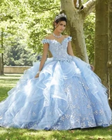 sky blue cheap quinceanera dresses ball gown off the shoulder tulle appliques beaded sweet 16 dresses
