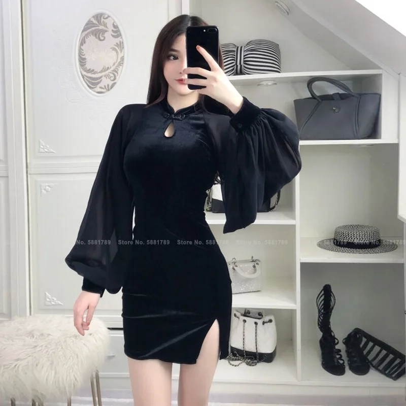 

Lady Fashion Sweet Print Bladerdeeg Mouw Fee Qipao Jurk Koreaanse Stijl Retro Sexy Bodycon Cheongsam Avondjurken Vrouwen Kleding