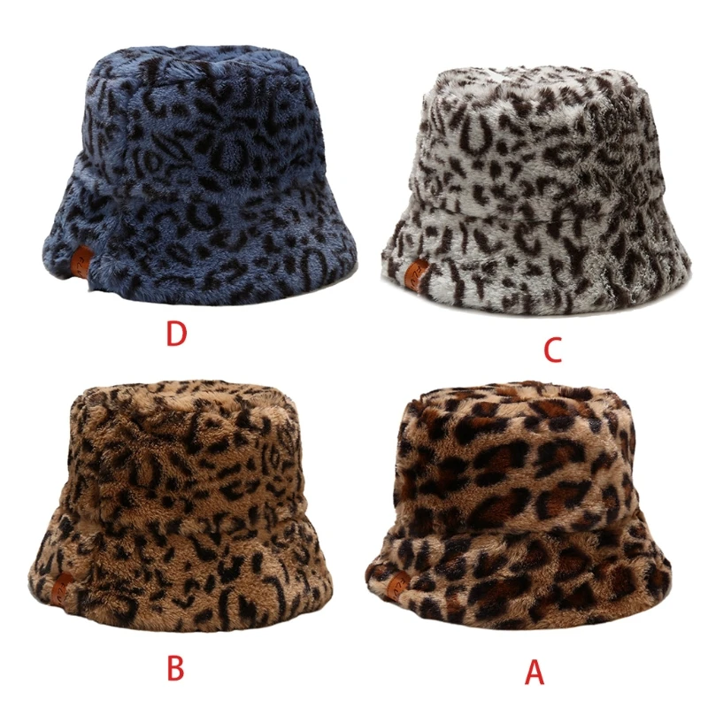 

Women Vintage Leopard Thicken Fuzzy Plush Bucket Hat Faux Leather Label Patchwork Winter Warm Packable Panama Fisherman Cap