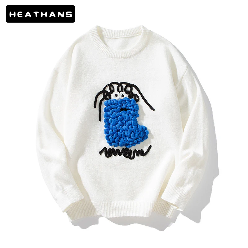 

Autumn Winter New Sweaters Men's Knitted Sweater Male Pullovers Sweater Men Warm Loose Foam Embossed Cute Cartoon O-Neck Sweater