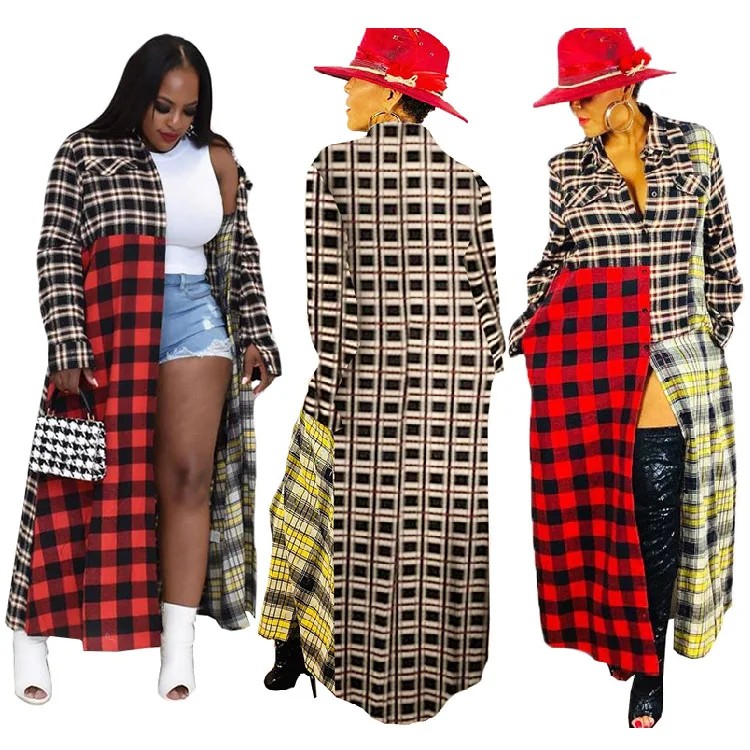 

Color Plaid Print Women Streetwear Shirt Dress 2021 Spring Lady Turn-down Collar Single-breasted High Split Ankle-Length Dresses