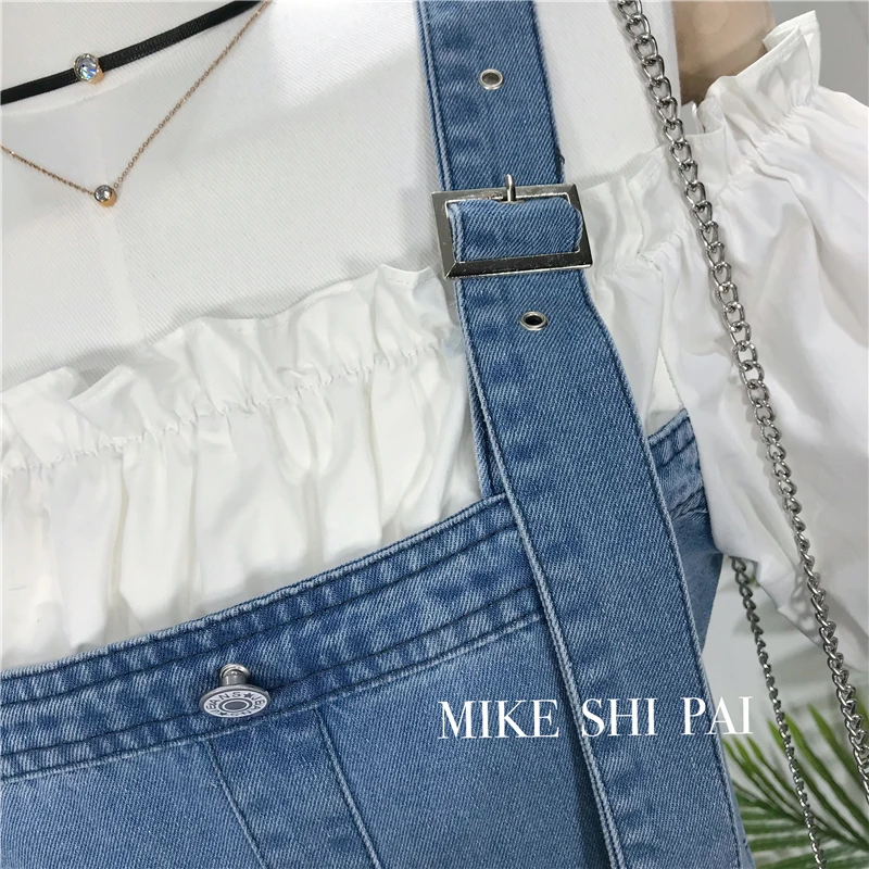 

Summer New Korean Style Denim Dress Fashion Loose Fake Two Piece Suspender Dress Off-the-Shoulder Short Sleeve A- Line Dress