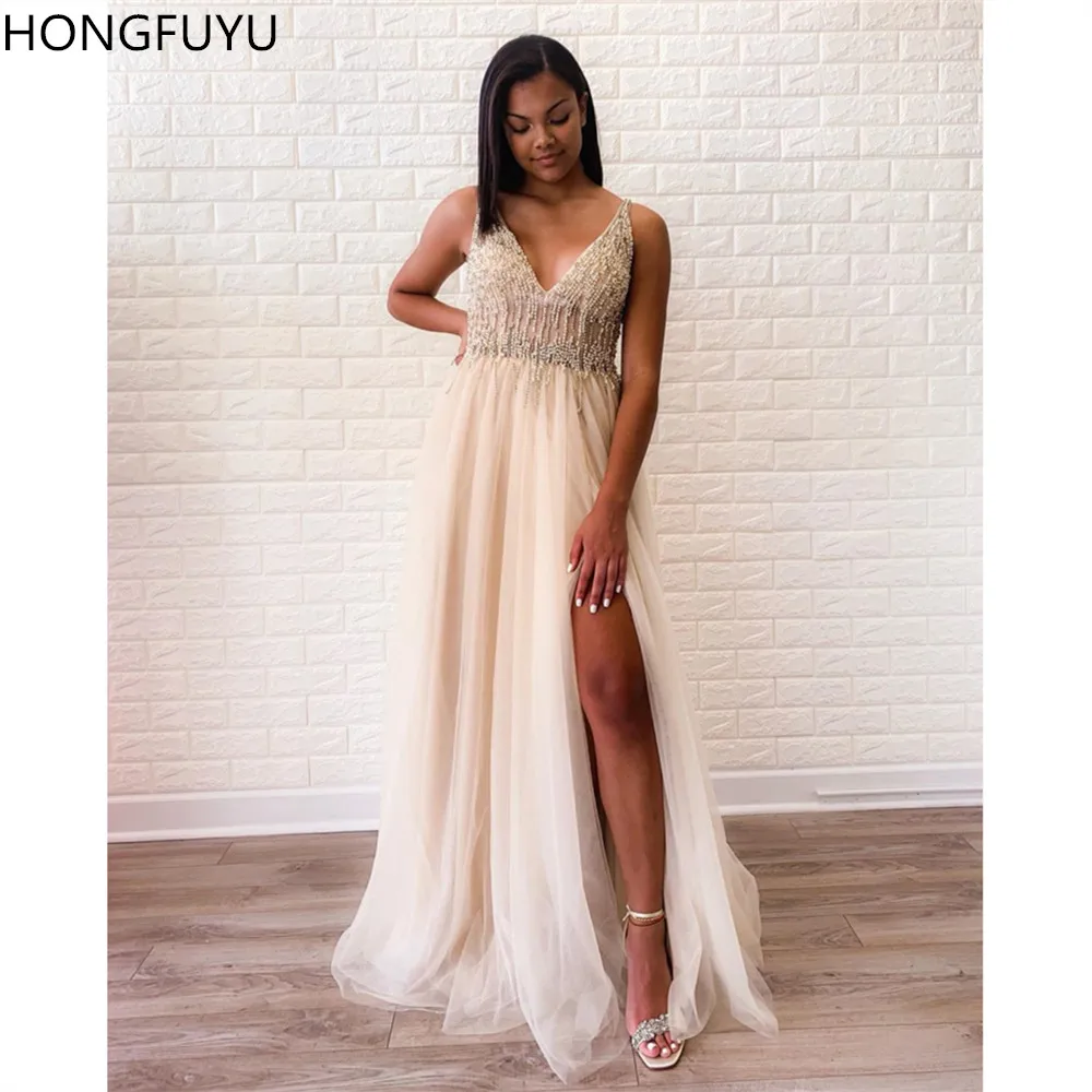HONGFUYU без рукавов с v-образным вырезом robe de soiree вечерние платья длинное ТРАПЕЦИЕВИДНОЕ платье для выпускного вечера с кружевное вечернее платье вечерние платья из тюля с жемчугом