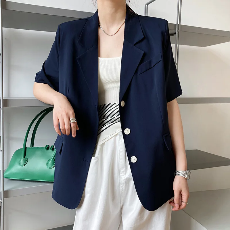 

Korean Short Sleeve Suit Blazer for Women Fashion Casual New Lapel Loose Suits Ladies Workwear Sunscreen Thin Jacket Summer 2021