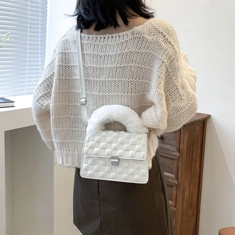 

Autumn Winter Handbag Plush Portable Small Square Bag Pu Leather Shoulder Bags Hand Messenger Bag Large-capacity Women Bags