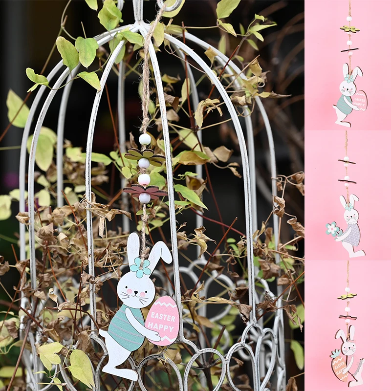 

Easter Happy Bunny Pendant Rabbit hugging Carrot Flower Wooden Hanging Ornaments 2022 Kids Ester Gift Rabbit Party Favor