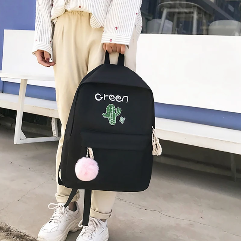 

4Pcs Canvas School Backpack Set for Teenage Girls Cactus Printing Shoulder Bag+Women Backpack+Pencil Case+Purse Travel Satchel B