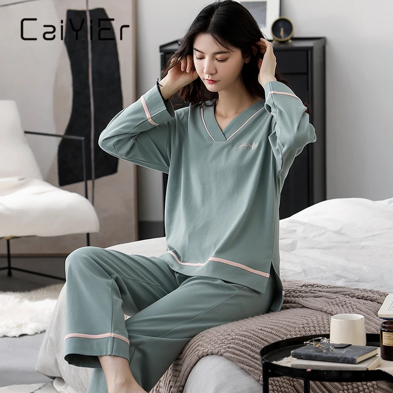 CAIYIER New Solid Cotton Pajamas Set Winter Women Sleepwear Embroidery Letter V-Neck Casual Nightgown Underwear Large Size M-3XL