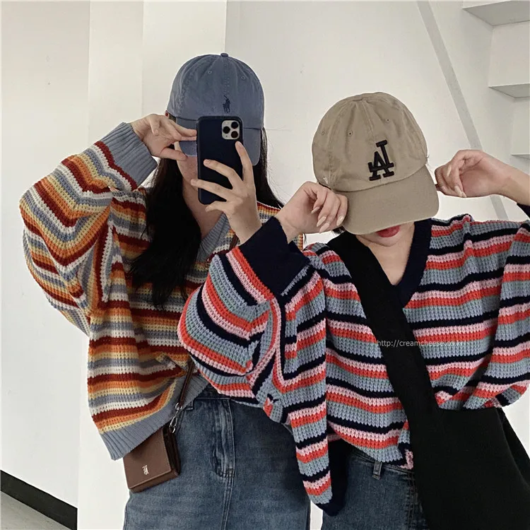 

Ghost Horse Girl Korean Style Chic Color Striped Loose Lazy Style Pullover Long Sleeve Sweater V-neck Sweater Fashion
